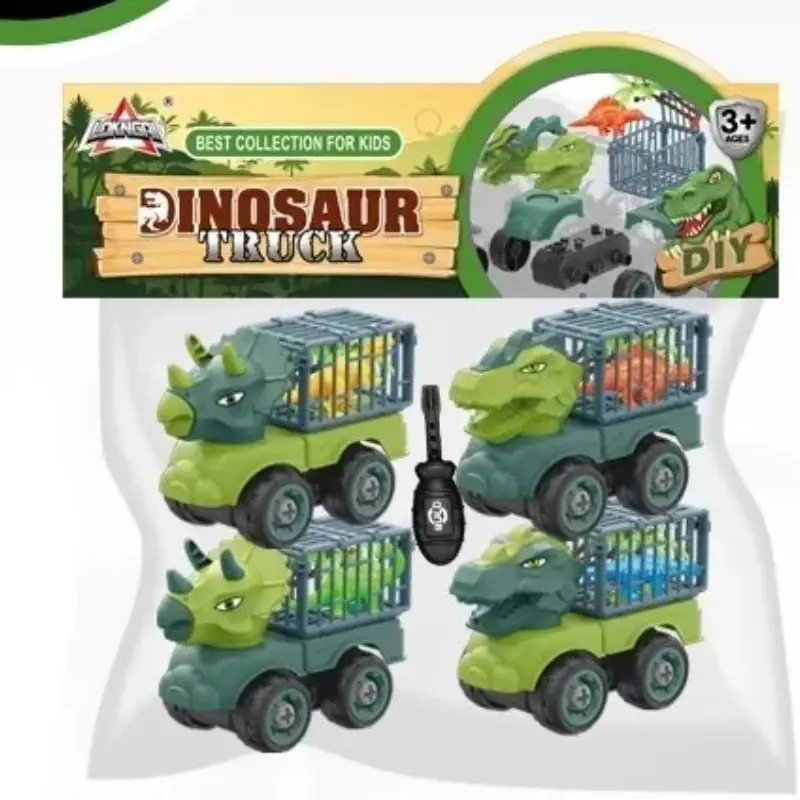 4Pcs/Set Kids Disassembly Assembled Dinosaur Car Toys Children Screwing Nuts Blocks Dinosaur Transport Truck DIY Puzzle Toys