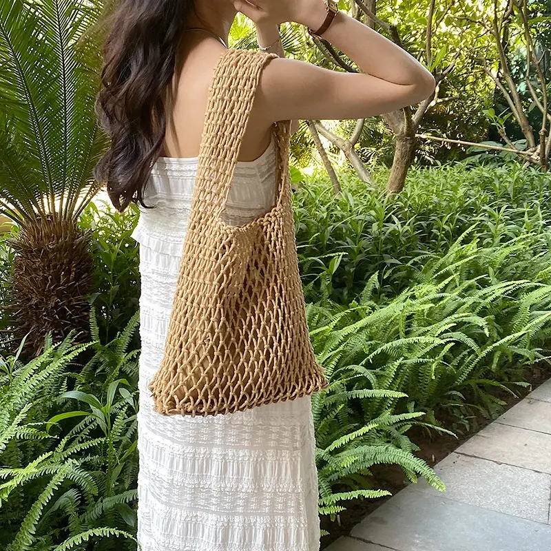Ins Style Solid Color Summer Women's Woven Handbag Hand Woven Beach Shoulder Bag Large Handbag Hollowed Out Shopping Bag