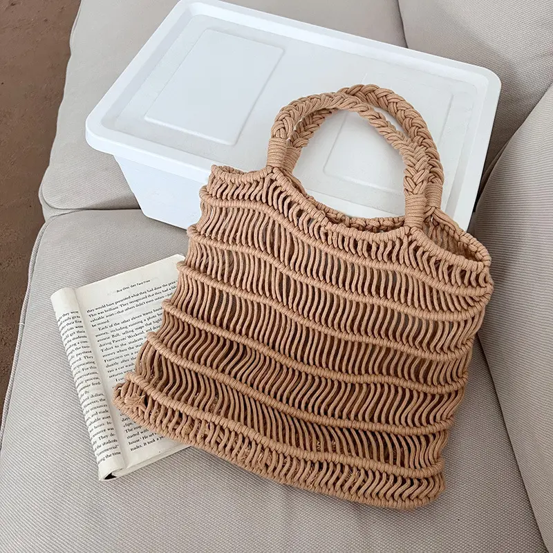 Vintage Hollow One Shoulder Cotton Woven Bag Lazy Wind Portable Fishing Net Bag Seaside Holiday Beach Bag Seaside Holiday Beach