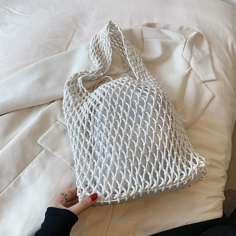 Ins Style Solid Color Summer Women's Woven Handbag Hand Woven Beach Shoulder Bag Large Handbag Hollowed Out Shopping Bag