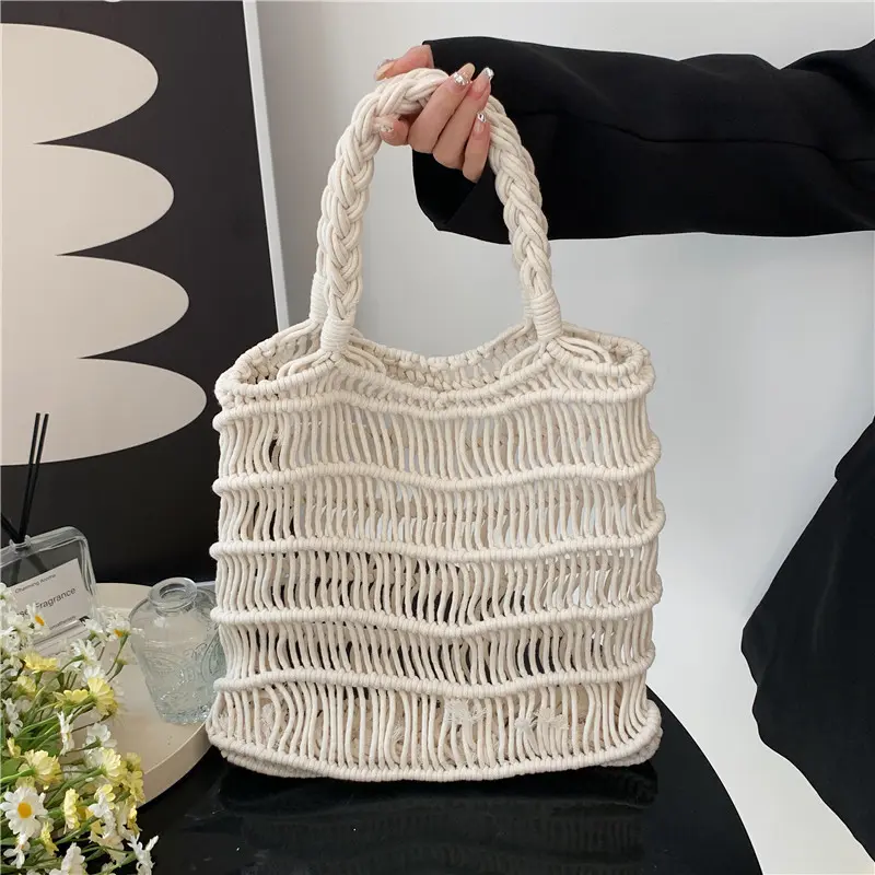 Vintage Hollow One Shoulder Cotton Woven Bag Lazy Wind Portable Fishing Net Bag Seaside Holiday Beach Bag Seaside Holiday Beach