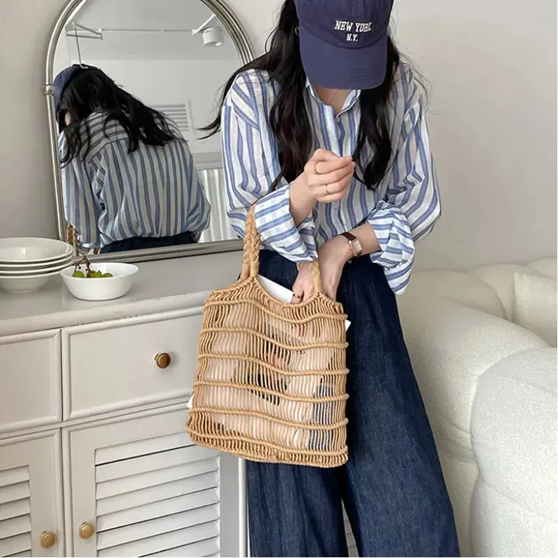 Vintage Hollow One Shoulder Cotton Woven Bag Lazy Wind Portable Fishing Net Bag Seaside Holiday Beach Bag Seaside Holiday Beach