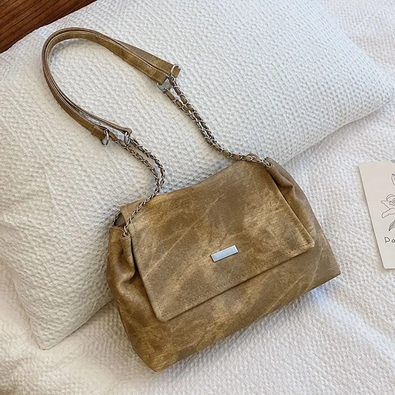Ladies Fashion Commuter Retro Large Capacity Shoulder Bag Fashion Chain Handbag Girls Simple Crossbody PU Material