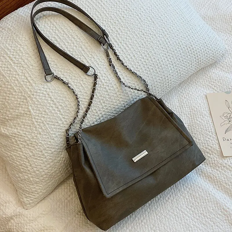 Ladies Fashion Commuter Retro Large Capacity Shoulder Bag Fashion Chain Handbag Girls Simple Crossbody PU Material