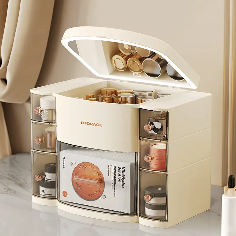 Cosmetic Storage Box Home Desktop Storage Drawer Container Jewelry Lipstick Boxes Large Capacity Dustroof with Mirror Storage