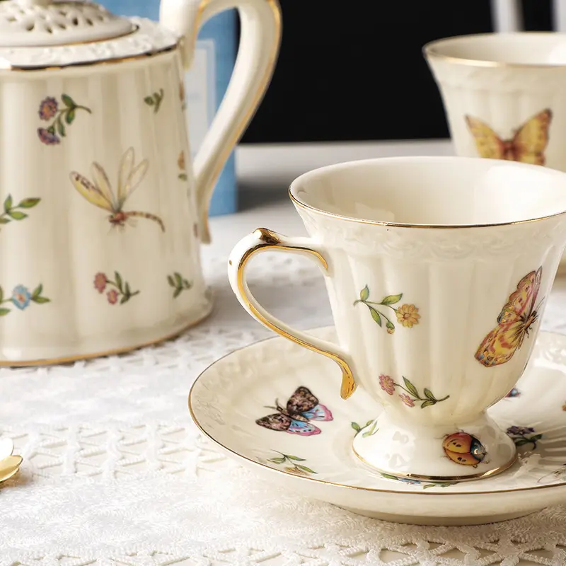 European Retro Coffee Cup Porcelain Tableware Flower Plate Bowl Pot Ceramic Tableware Set Personalized Dish Plate