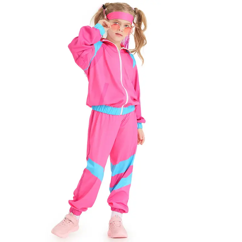 Boys and Girls 80s Tracksuit Kids Hip Hop Costume Top Pants Sets Outfit Retro Disco Dance Sportswear Blue Pink Baseball Uniform