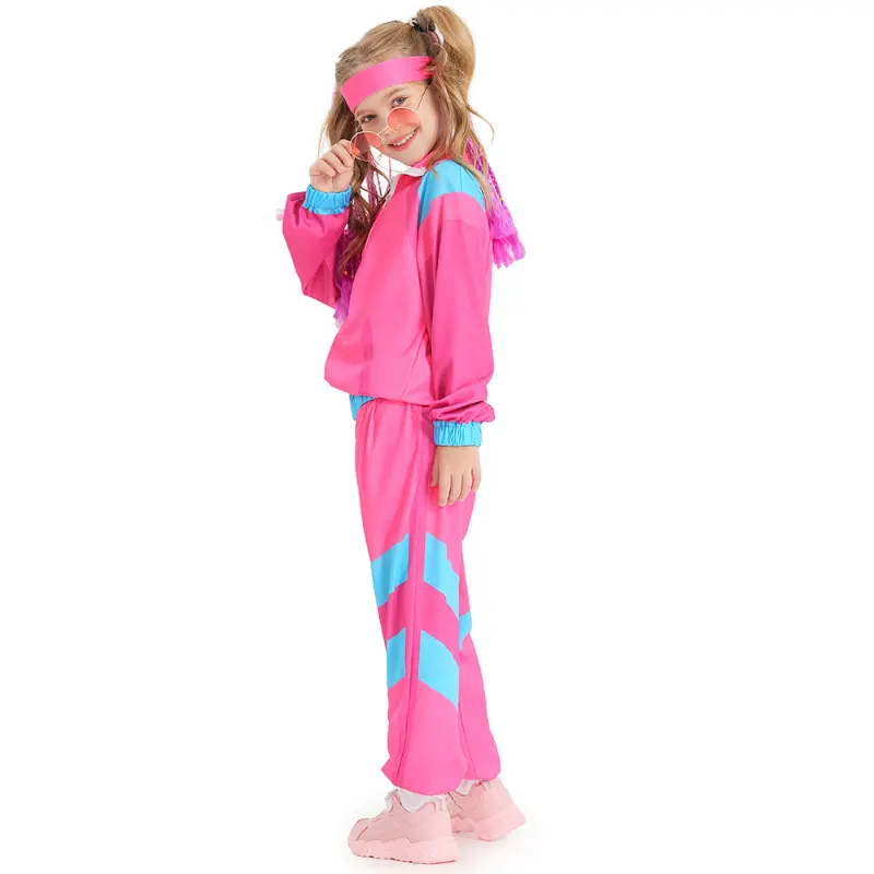 Boys and Girls 80s Tracksuit Kids Hip Hop Costume Top Pants Sets Outfit Retro Disco Dance Sportswear Blue Pink Baseball Uniform