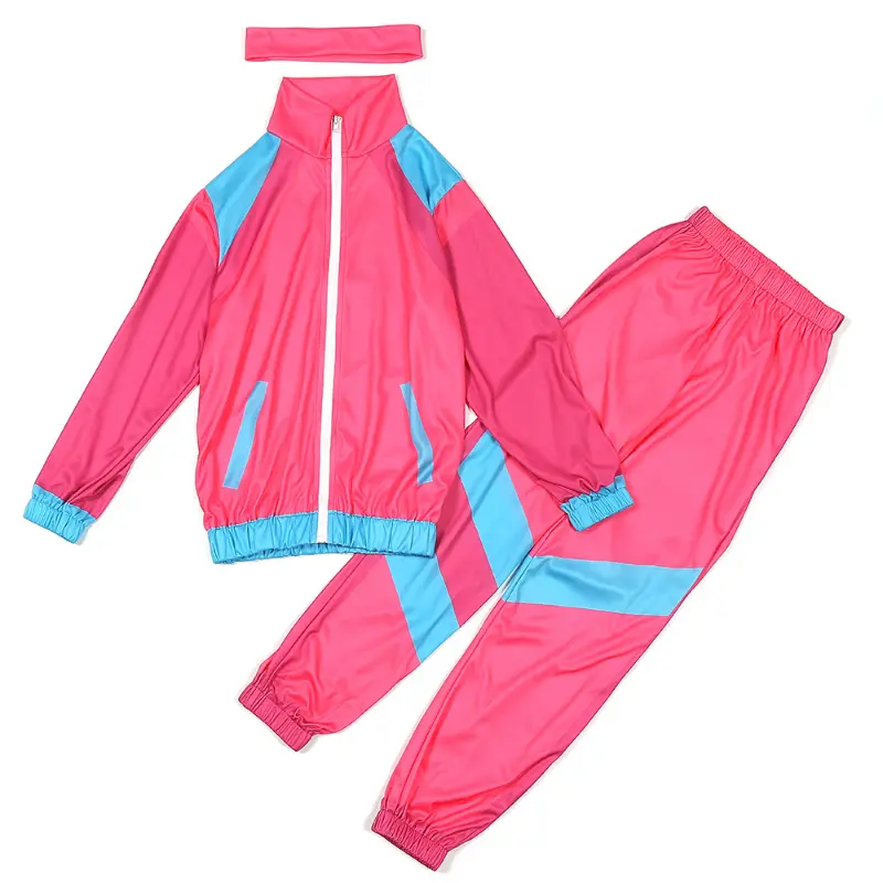 Boys and Girls 80s Tracksuit Kids Hip Hop Costume Top Pants Sets Outfit Retro Disco Dance Sportswear Blue Pink Baseball Uniform