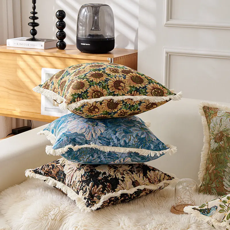 Countryside Style Paiting Flowers Sofa Chair Fringe Interior Cushion Cover Home Window Decorative Pillow Case Without Core