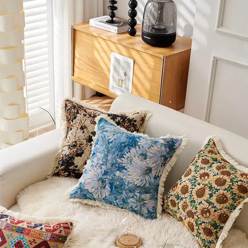 Countryside Style Paiting Flowers Sofa Chair Fringe Interior Cushion Cover Home Window Decorative Pillow Case Without Core