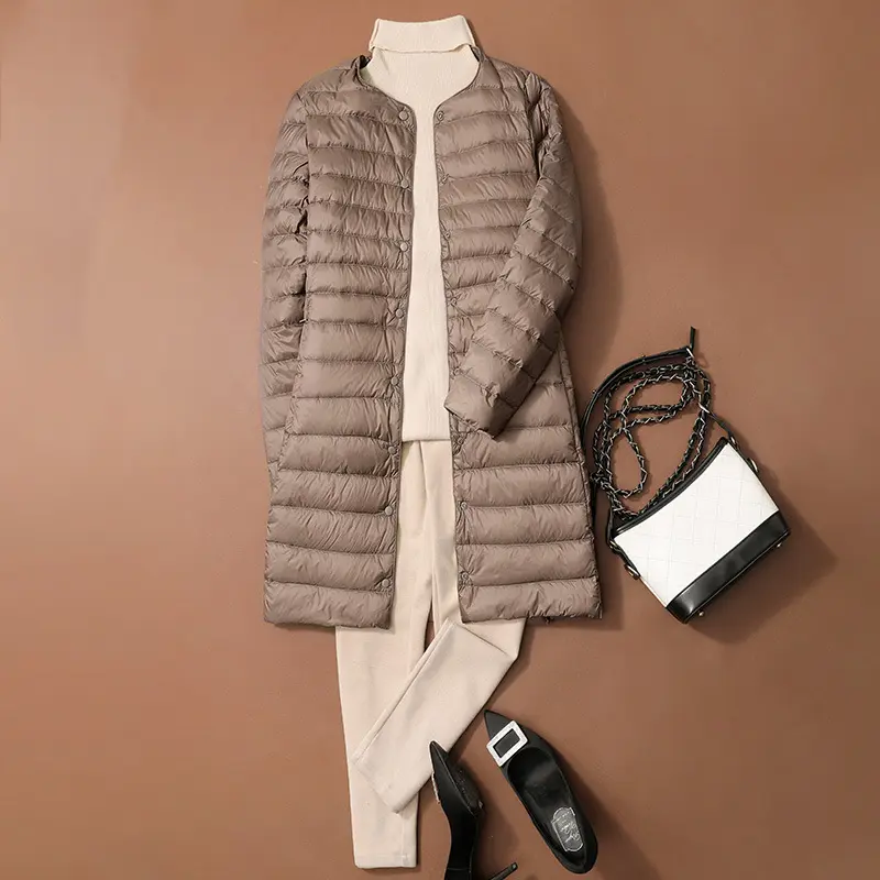 Autumn and Winter Mid-Length Collarless Lightweight down Liner Long sleeve Women round Neck V-neck White Duck Down