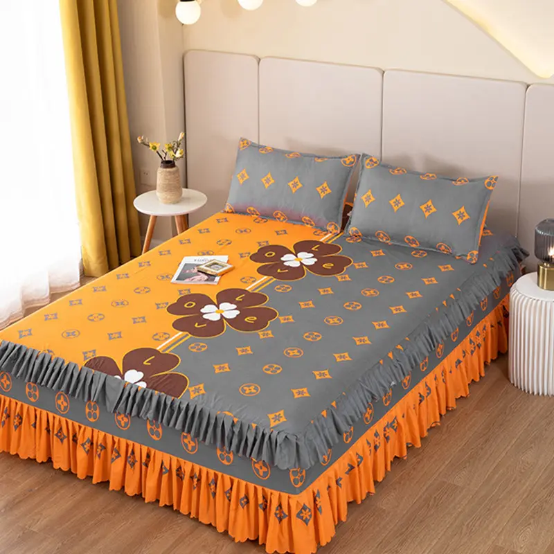 200x220 Three Piece Bed Skirt Princess Style Floral Bed Cover with Skirt Bed Sheet Synthetic Smooth Twin Bed Full Size Bed Sheet