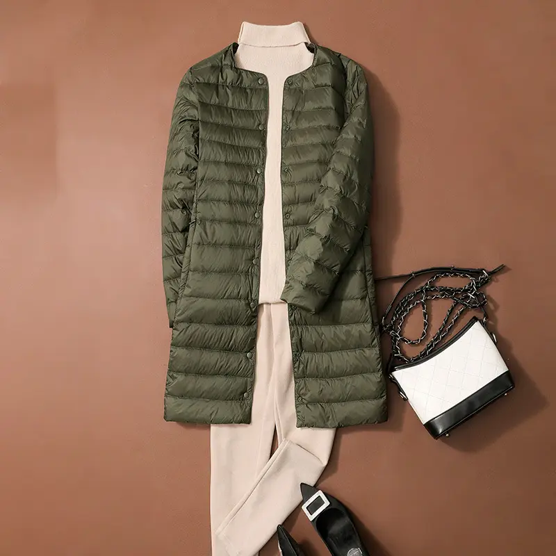 Autumn and Winter Mid-Length Collarless Lightweight down Liner Long sleeve Women round Neck V-neck White Duck Down
