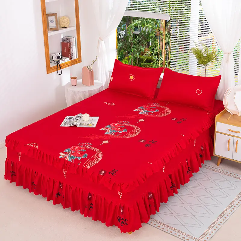 200x220 Three Piece Bed Skirt Princess Style Floral Bed Cover with Skirt Bed Sheet Synthetic Smooth Twin Bed Full Size Bed Sheet