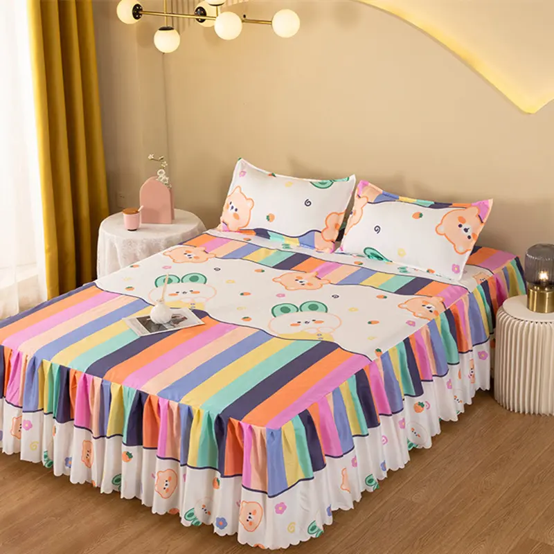 200x220 Three Piece Bed Skirt Princess Style Floral Bed Cover with Skirt Bed Sheet Synthetic Smooth Twin Bed Full Size Bed Sheet