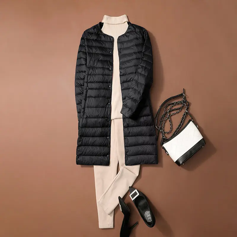 Autumn and Winter Mid-Length Collarless Lightweight down Liner Long sleeve Women round Neck V-neck White Duck Down