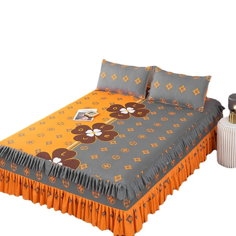 200x220 Three Piece Bed Skirt Princess Style Floral Bed Cover with Skirt Bed Sheet Synthetic Smooth Twin Bed Full Size Bed Sheet