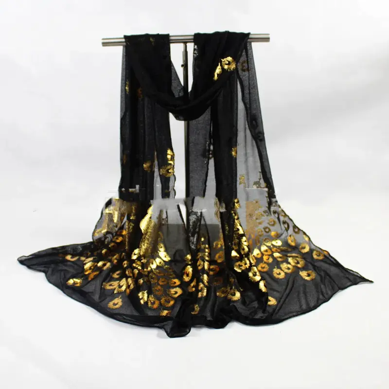 Elegant Peacock Printed Silk Scarves Gold Glitter Scarf For Woman Solid Color Shawls Summer Sun Protection Long Scarf