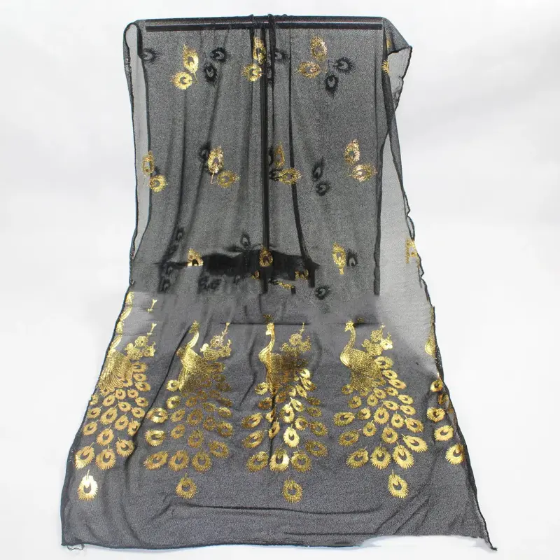 Elegant Peacock Printed Silk Scarves Gold Glitter Scarf For Woman Solid Color Shawls Summer Sun Protection Long Scarf