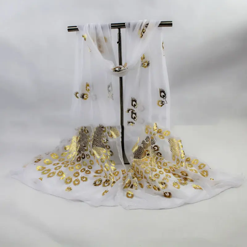 Elegant Peacock Printed Silk Scarves Gold Glitter Scarf For Woman Solid Color Shawls Summer Sun Protection Long Scarf