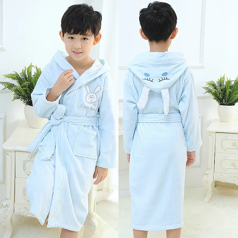 Pure Cotton Children's Bathrobe Hooded Rabbit Homewear For Boys And Girls All Cotton Towel Material Nightdress Thickened Pajamas