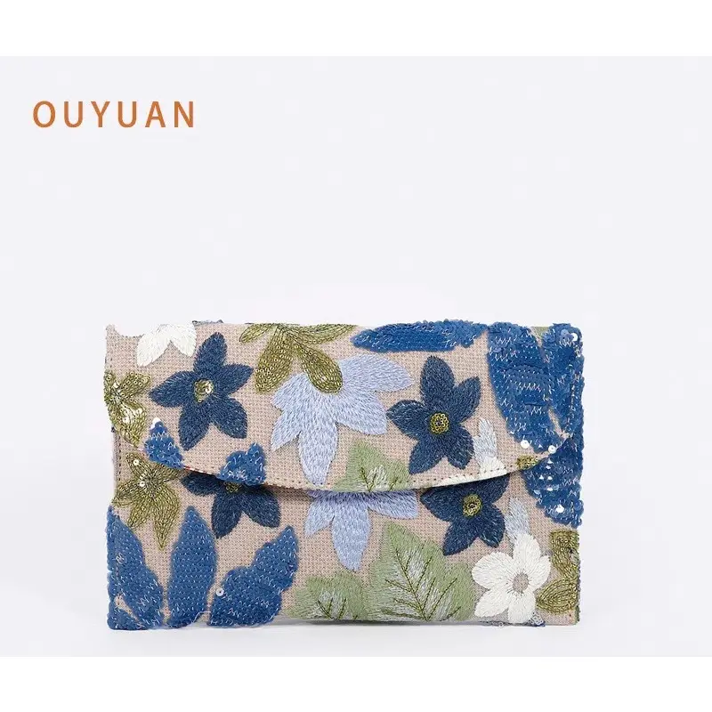 Ladies' Cotton and Linen Envelope Bag with Sequin Embroidery Evening Party Handbag Floral Pattern Ladies' Daily Casual Wallet