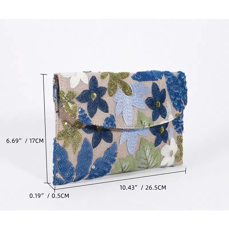Ladies' Cotton and Linen Envelope Bag with Sequin Embroidery Evening Party Handbag Floral Pattern Ladies' Daily Casual Wallet