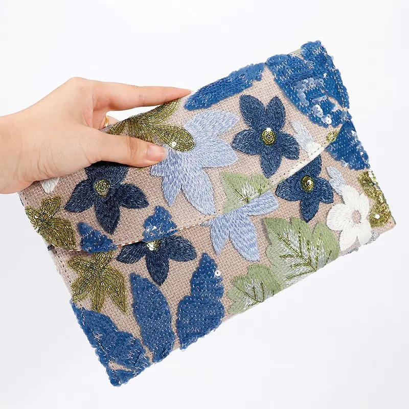Ladies' Cotton and Linen Envelope Bag with Sequin Embroidery Evening Party Handbag Floral Pattern Ladies' Daily Casual Wallet
