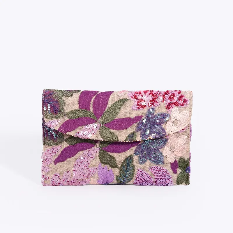 Ladies' Cotton and Linen Envelope Bag with Sequin Embroidery Evening Party Handbag Floral Pattern Ladies' Daily Casual Wallet
