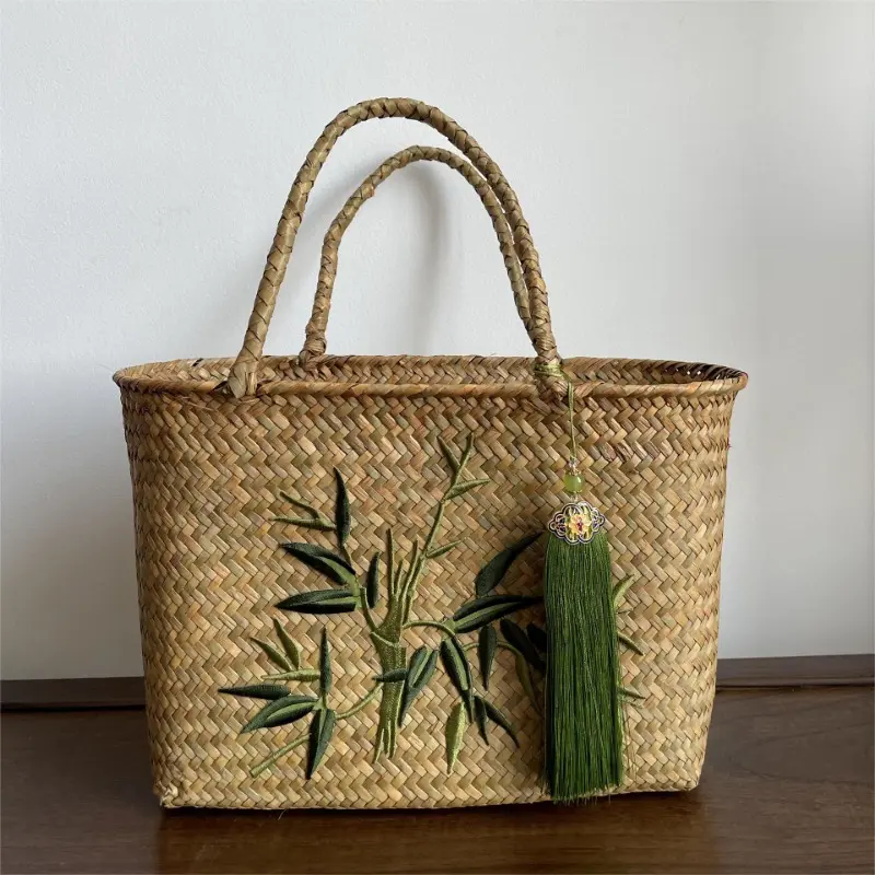 Retro Traditional Handmade Seagrass Embroidery Weaving Basket, New Chinese Style Handbag Tea Set Storage Handheld