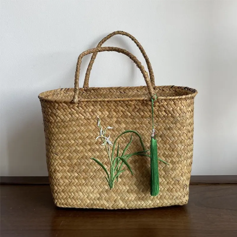 Retro Traditional Handmade Seagrass Embroidery Weaving Basket, New Chinese Style Handbag Tea Set Storage Handheld