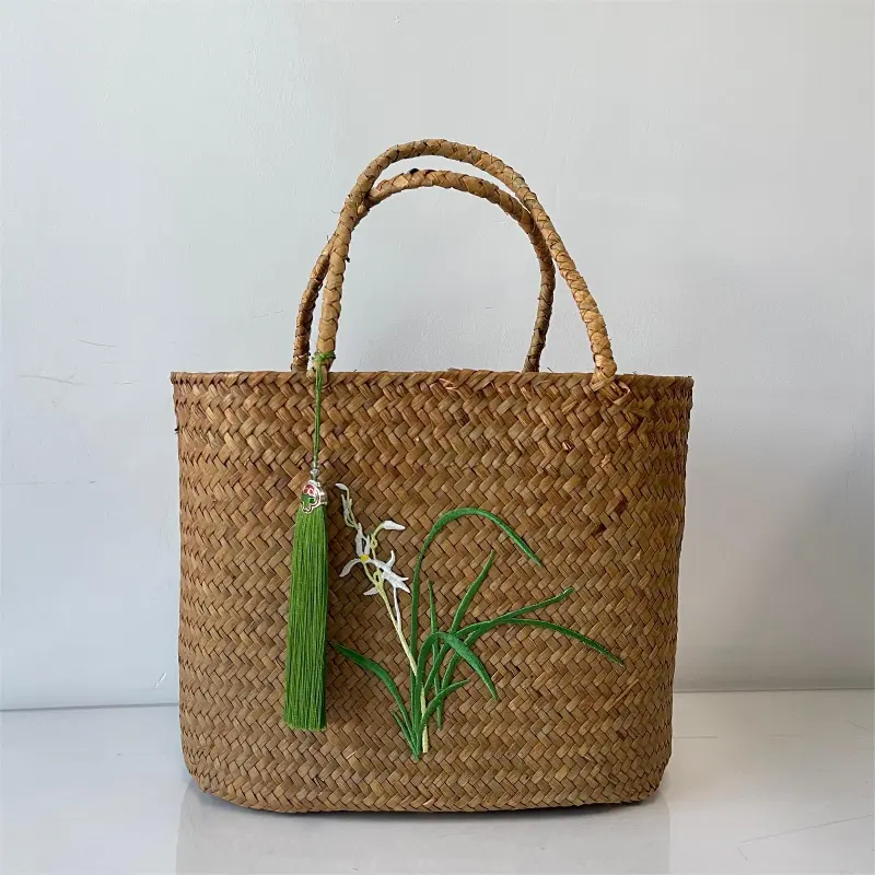 Retro Traditional Handmade Seagrass Embroidery Weaving Basket, New Chinese Style Handbag Tea Set Storage Handheld