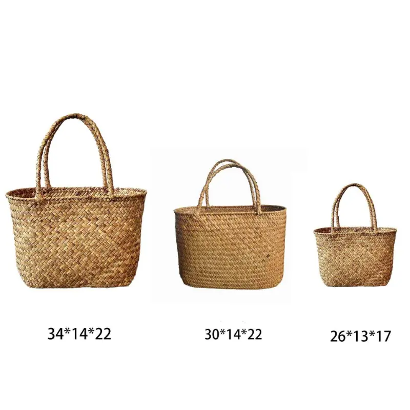 Retro Traditional Handmade Seagrass Embroidery Weaving Basket, New Chinese Style Handbag Tea Set Storage Handheld