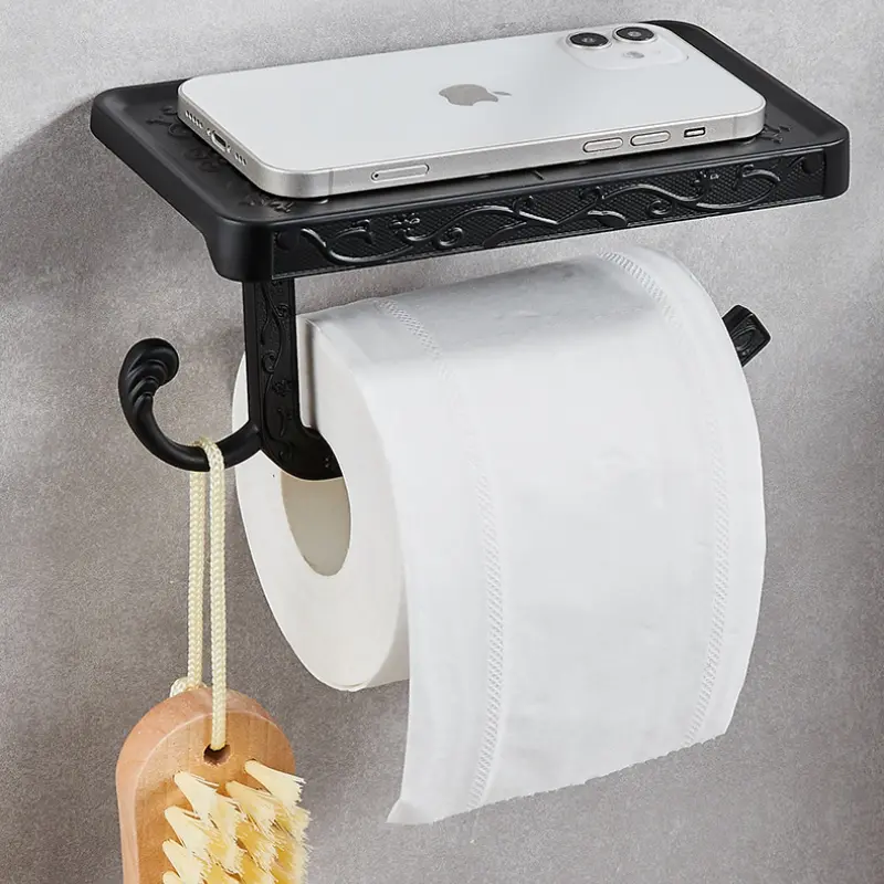 Toilet Paper Holder Punch-free Space Aluminum Roll Paper Holder Bathroom Toilet Paper Towel Holder 2-in-1 with Hook