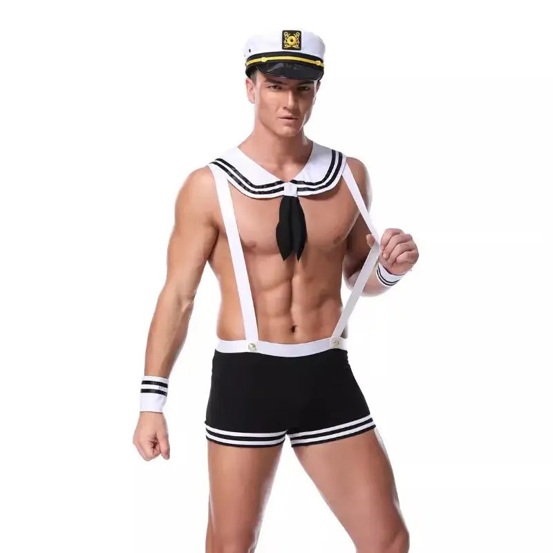 Fashionable Black Patent Leather Mesh Patchwork Men Briefs Fireman Navy Costume Sexy Costume Men Sexy Lingerie