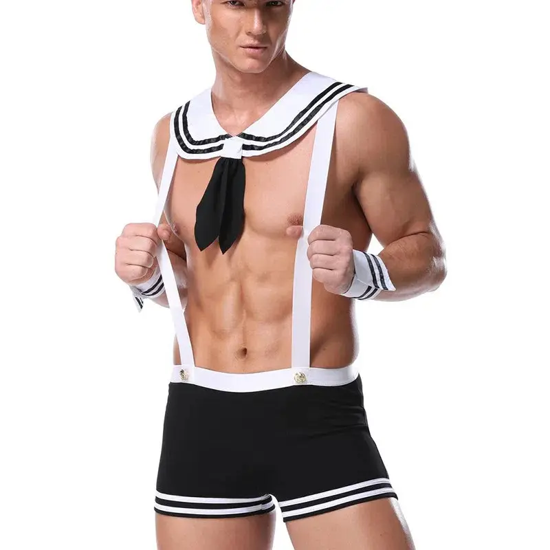 Fashionable Black Patent Leather Mesh Patchwork Men Briefs Fireman Navy Costume Sexy Costume Men Sexy Lingerie