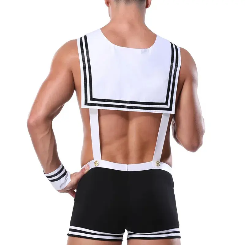 Fashionable Black Patent Leather Mesh Patchwork Men Briefs Fireman Navy Costume Sexy Costume Men Sexy Lingerie