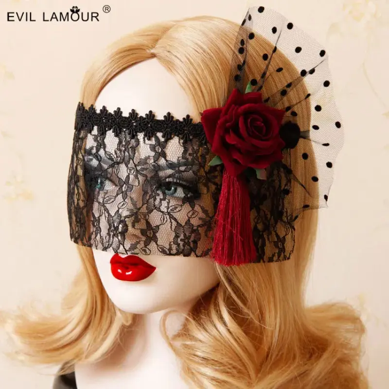 Mask Retro Lace Princess Stand Out Half Face Women Headband Fancy Vintage Red Rose Flower Black Tied Mask Gothic Party Accessory