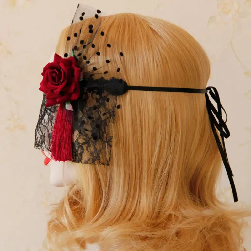 Mask Retro Lace Princess Stand Out Half Face Women Headband Fancy Vintage Red Rose Flower Black Tied Mask Gothic Party Accessory