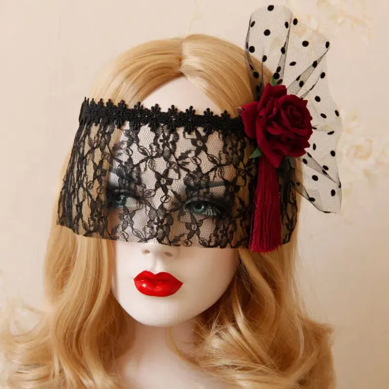 Mask Retro Lace Princess Stand Out Half Face Women Headband Fancy Vintage Red Rose Flower Black Tied Mask Gothic Party Accessory