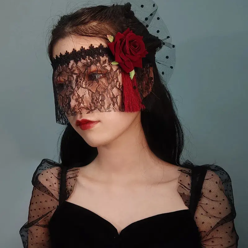 Mask Retro Lace Princess Stand Out Half Face Women Headband Fancy Vintage Red Rose Flower Black Tied Mask Gothic Party Accessory