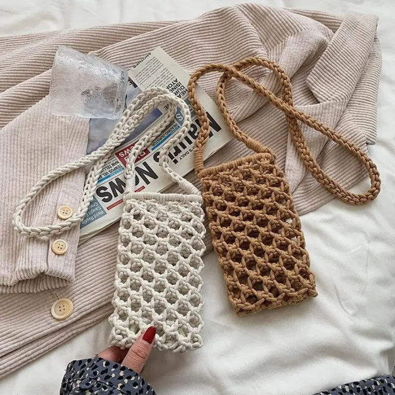 Women Fashion Small Crossbody Phone Bag Solid Color Hollow-out Woven Crochet Lightweight Braided Shoulder Handbag Bags
