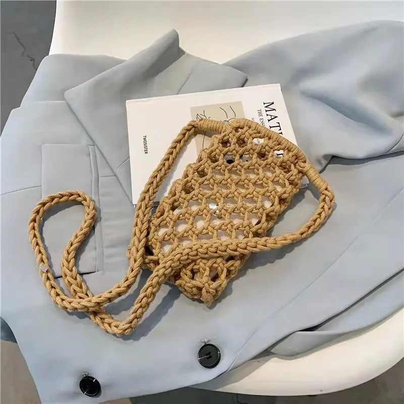 Women Fashion Small Crossbody Phone Bag Solid Color Hollow-out Woven Crochet Lightweight Braided Shoulder Handbag Bags