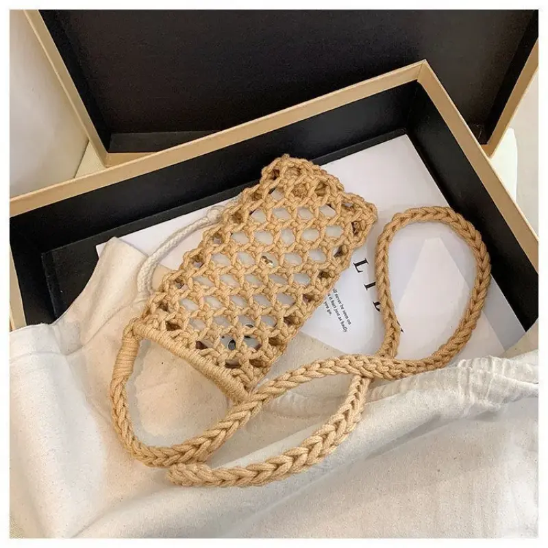 Women Fashion Small Crossbody Phone Bag Solid Color Hollow-out Woven Crochet Lightweight Braided Shoulder Handbag Bags