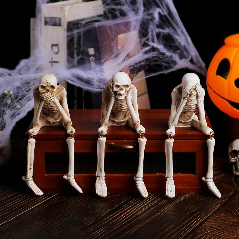 Halloween Statues Resin See Speak Hear No Evil Skeleton Figurines Resin Realistic Skull Decor for Bookshelf Table Edge Ornament