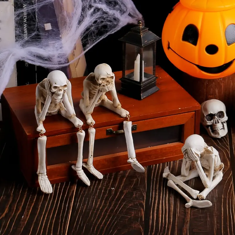 Halloween Statues Resin See Speak Hear No Evil Skeleton Figurines Resin Realistic Skull Decor for Bookshelf Table Edge Ornament