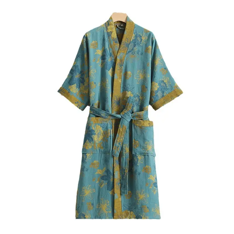 Lady's Bathroom Robe Printed Nightgown Style Pure Cotton Double-Layer Gauze Comfortable Dressing Gown For Women's Home Use