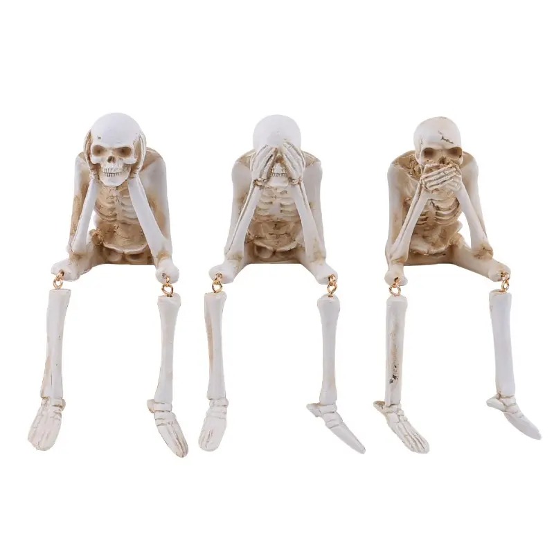 Halloween Statues Resin See Speak Hear No Evil Skeleton Figurines Resin Realistic Skull Decor for Bookshelf Table Edge Ornament