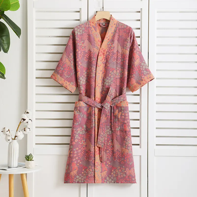 Lady's Bathroom Robe Printed Nightgown Style Pure Cotton Double-Layer Gauze Comfortable Dressing Gown For Women's Home Use
